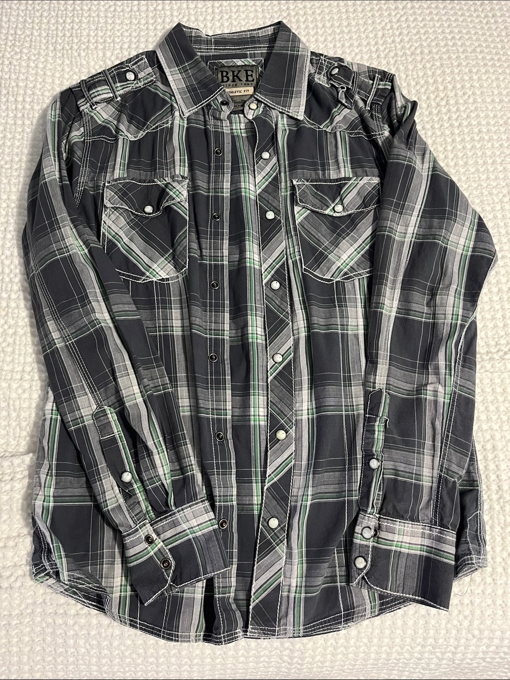 BKE Men's Black, Gray & Green Plaid Button-Down Shirt